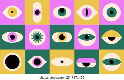 Geometric simple design with eyes. Abstract minimal tiles with eyeball shapes, trendy bauhaus primitive elements for poster cover banner. Vector background