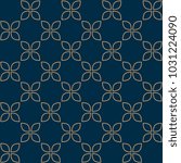 Geometric simple floral motif. Arabesque seamless pattern. Oriental lattice vintage ornament. Gold flowers on a indigo. Vector graphic. Decorative lace all over design. Textile fabric printing block.