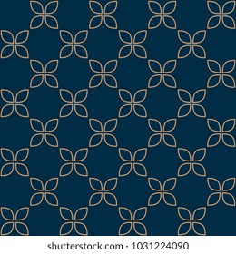 Geometric simple floral motif. Arabesque seamless pattern. Oriental lattice vintage ornament. Gold flowers on a indigo. Vector graphic. Decorative lace all over design. Textile fabric printing block.