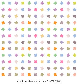 Geometric simple four leaf flowers with gentle colors. Seamless pattern on white background. Vector illustration.