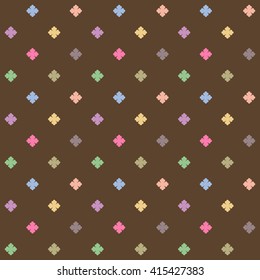 Geometric simple four leaf flowers with gentle colors. Seamless pattern on brown background. Vector illustration.
