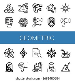 geometric simple icons set. Contains such icons as Cubes, Report, Geometry, Snowflake, Hair dryer, Emblem, Pound, Content, Native american, can be used for web, mobile and logo