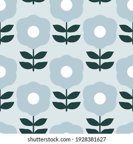 Geometric simple mid century seamless pattern with blue flowers. Vintage, retro style texture for modern textile, fabric, home decor, wallpaper. Abstract bohemian 60s background. Pastel colors