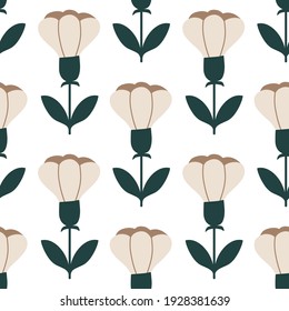 Geometric simple mid century seamless pattern with beige flowers. Vintage, retro style texture for modern textile, fabric, home decor, wallpaper. Abstract bohemian 60s background. Pastel colors