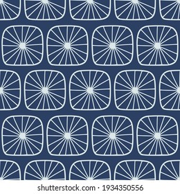 Geometric simple mid century seamless pattern with abstract shapes. Vintage, retro style texture for modern textile, fabric, home decor, wallpaper. Bohemian 60s background. Blue colors