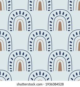 Geometric simple mid century seamless pattern with abstract rainbows. Vintage, retro style texture for modern textile, fabric, home decor, wallpaper. Bohemian 60s hippie background. Brown and blue