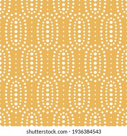 Geometric Simple Mid Century Seamless Pattern With Ovals And Dots. Abstract Shapes. Vintage, Retro Style Texture For Modern Textile, Fabric, Home Decor, Wallpaper. Bohemian 60s Yellow Background