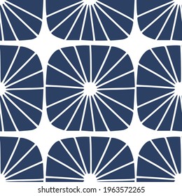 Geometric simple mid century seamless pattern with abstract shapes. Vintage, retro style texture for modern textile, fabric, home decor, wallpaper. Bohemian 60s background. Dark blue 