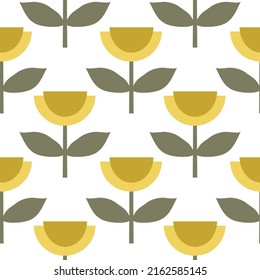 Geometric simple mid century seamless pattern with yellow flowers. Vintage, retro style texture for modern textile, fabric, home decor, wallpaper. Abstract bohemian 60s background. Pastel colors