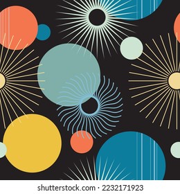Geometric simple mid century seamless pattern with circles and stars on black. Vintage, retro style texture for  textile, fabric, home decor, wallpaper. Bohemian  background