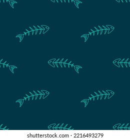 Geometric simple minimalistic seamless pattern with turquoise fish skeleton and fish spinal. Vector illustration associated with pets and marine themes 