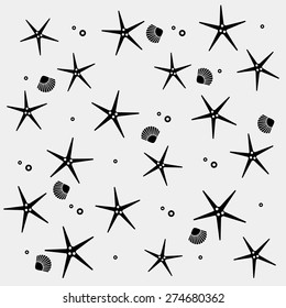 Geometric simple monochrome minimalistic vector holiday pattern, starfish and shell