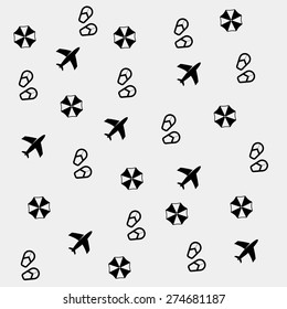 Geometric simple monochrome minimalistic vector holiday pattern, planes and umbrellas