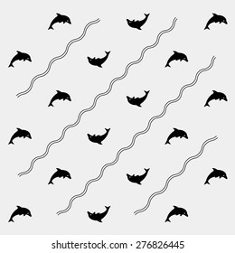 Geometric simple monochrome minimalistic vector marine pattern, dolphins