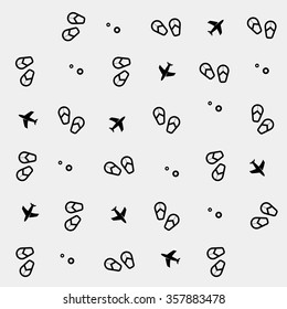 Geometric simple monochrome minimalistic vector holiday pattern, flip flops, planes