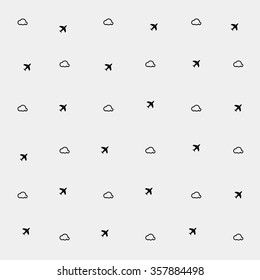 Geometric simple monochrome minimalistic vector holiday pattern, clouds and planes