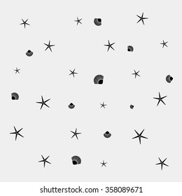Geometric simple monochrome minimalistic vector holiday pattern, starfish, sea shell