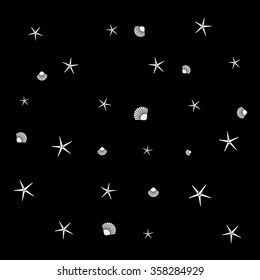 Geometric simple monochrome minimalistic vector holiday pattern, starfish, sea shell