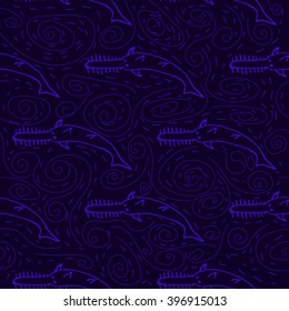 Geometric simple monochrome minimalistic vector marine pattern, fish sawfish