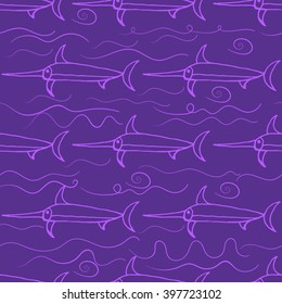 Geometric simple monochrome minimalistic vector marine pattern, fish swordfish