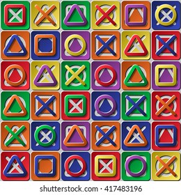 geometric simple objects (square, triangle, circle, cross) into net of squares. seamless colored pattern with paper style. 2 layers