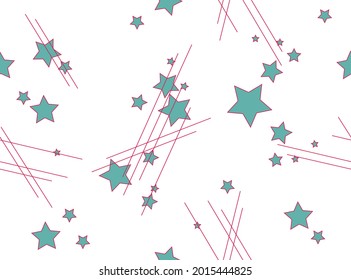 Geometric simple seamless pattern with green stars and dark red lines on a white background. Vector drawing for the design of wallpaper, fabrics, packaging and other. 