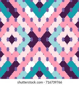 Geometric simple seamless pattern. Vector background in white, blue and light pink colors. Mosaic texture
