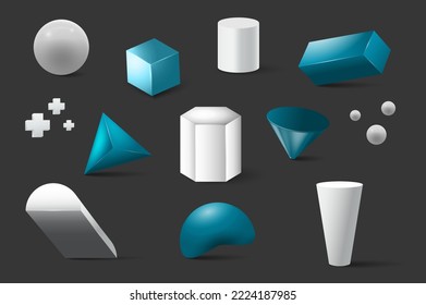 Geometric simple shapes 3d set in realism design. Bundle of sphere, cube, cylinder, parallelepiped, pyramid, cross, truncated cone, trapezium and other isolated realistic elements. Vector illustration