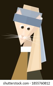 Geometric simple shapes cartoon cat (girl) with pearl earring. Inspired by famous painting of Baroque Period painter  Jan Vermeer. Spoof vector illustration.