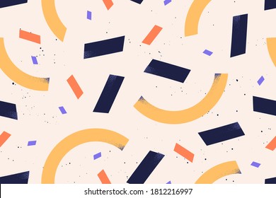 Geometric simple shapes and figures vector flat illustration. Abstract textured rectangle and semicircle decorated by spatter seamless pattern. Creative contemporary minimalistic wallpaper.