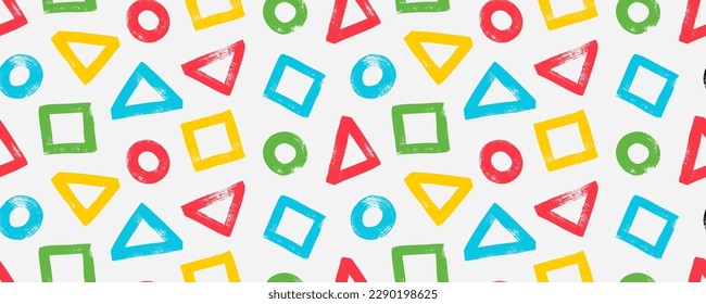 Geometric simple shapes seamless pattern. Bright and colorful, 90s style. Bright color retro elements. Brush drawn bold strokes. Abstract vector background. Randomly scattered geometric shapes.