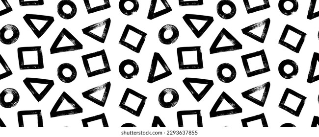 Geometric simple shapes seamless pattern. Black and white modern banner. Hand drawn bold geometric elements. Randomly scattered different shapes. Brush drawn circles, triangles and squares.