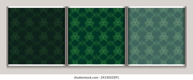 Geometric simple St Patricks day patterns with clover, shamrock leaves, squares, rhombuses. Dark, low contrast, green backgrounds with thin lines, outline shapes. Classic square diagonal grid.