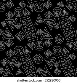 Geometric simple tribal  hand drawn pattern with doodle white  triangles, squares, line, circles. Seamless pattern. Pencil sketch. Vector abstract texture and aztec geometrical background.