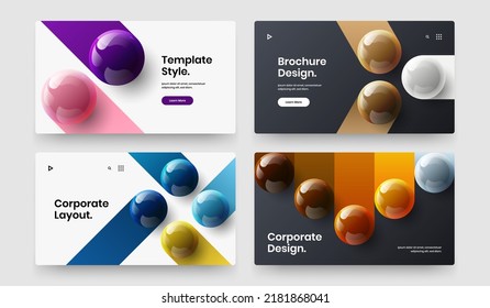 Geometric site screen vector design template collection. Creative realistic spheres leaflet layout composition.