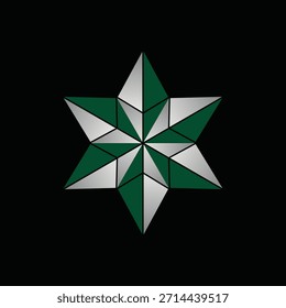 Icono de estrella geométrica de seis puntas con facetas de triángulo de plata verde y metálica alternas