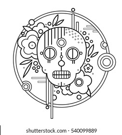 Geometric skull with flowers in circle Black contour
