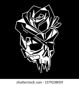 Geometric skull with rose. Sketch for tattoo.Vector white skull on black background.Modern minimalism art style.Contemporary abstract design for poster, banner, textile print, social media concept.