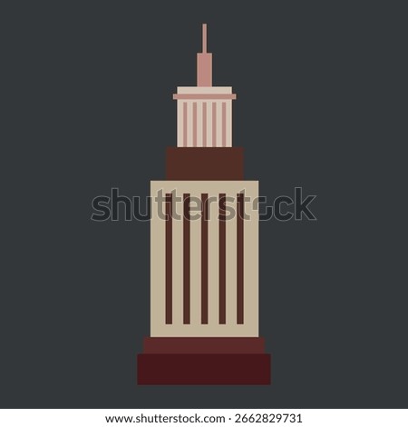 Geometric Skyscraper Illustration with Vertical Lines and Rectangular Blocks in Neutral Colors Against a Dark Gray Background