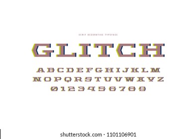 Geometric slab serif font with glitch distortion effect. Letters and numbers for sci-fi, military, racing logo and title design. Isolated on white background