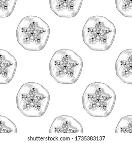 Geometric slice papaya seamless pattern in hand drawn style. Pawpaw endless wallpaper. Engraving style. Design for wrapping paper, textile print, surface fabric. Vector illustration