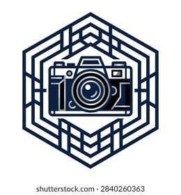 Geometric SLR camera icon in hexagonal frame.