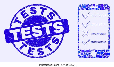 Geometric smartphone task list mosaic icon and Tests seal stamp. Blue vector round grunge stamp with Tests caption. Abstract mosaic of smartphone task list created of circle, triangles,