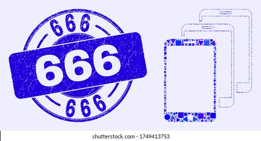 Geometric smartphones mosaic icon and 666 stamp. Blue vector rounded scratched seal stamp with 666 message. Abstract mosaic of smartphones designed of spheric, tringle, square geometric elements.