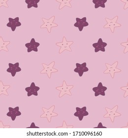 Estrellas sonrientes geométricas sin fisuras en fondo rosa. La estrella de caracteres da forma a los elementos de fondo. Diseño para tela para bebés, impresión textil, papel para envolver, embalaje. Ilustración vectorial de Doodle.