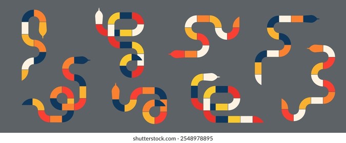 Cobras geométricas em um design minimalista com formas modulares em amarelo, azul, vermelho e branco em um fundo cinza. Abstrato, moderna decoração na moda com padrões repetitivos, simetria e contraste arrojado. 