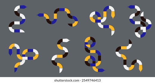 Cobras geométricas em um estilo moderno minimalista com cores arrojadas: azul, branco, amarelo e branco. Segmentos modulares formam diversos padrões de cobras em um fundo cinza. Silhuetas abstratas simétricas de cobra