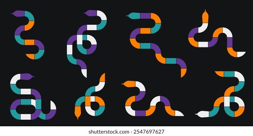 Geometric snakes in various shapes and arrangements with vibrant orange, purple, teal, and white segments. Modern minimalist style on black background with bold abstract and symmetrical pattern