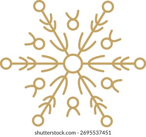 A geometric snowflake with circular and linear elements in a symmetrical pattern. The design features abstract shapes forming a balanced motif. Cartoon vector illustration.