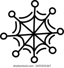 Geometric snowflake with circular nodes and linear connections in a bold line style. The symmetrical pattern features radiating lines and curves forming a star-like shape. Cartoon vector illustration.